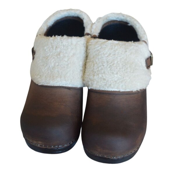 Sanita Original Danish Sherpa Lined Brown Leather Clogs Women's Size 38 US 7.5 - Picture 2 of 7